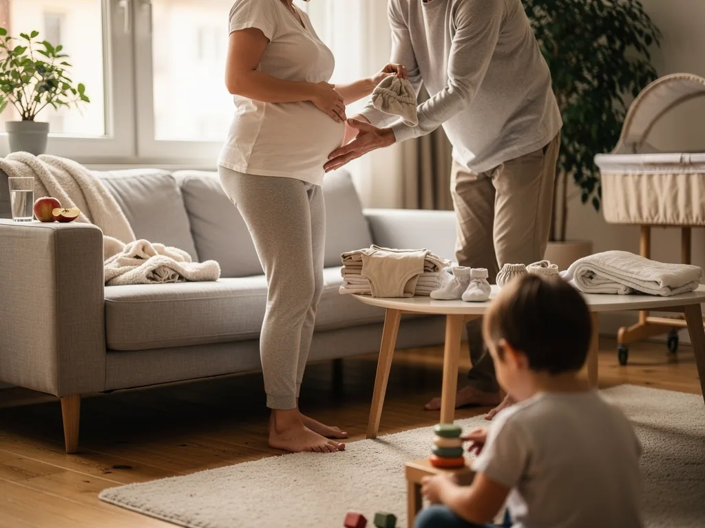 Schwangere Frau und Partner halten Babymütze im Wohnzimmer, ein Kleinkind spielt im Vordergrund.