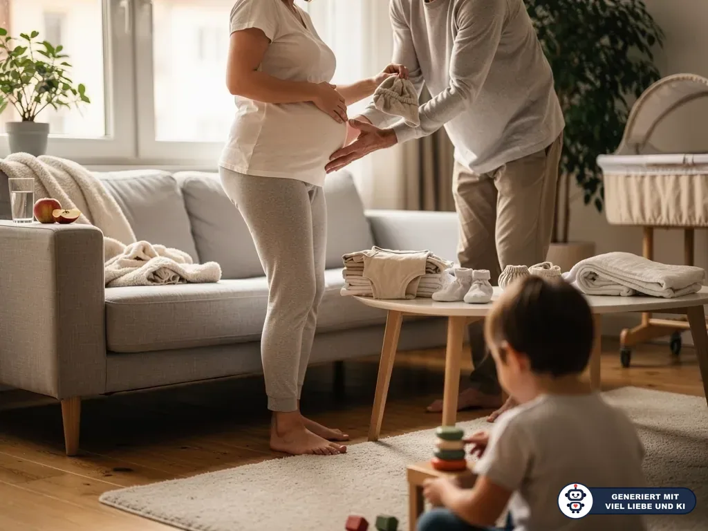 Schwangere Frau und Partner halten Babymütze im Wohnzimmer, ein Kleinkind spielt im Vordergrund. (mit KI erstellt)
