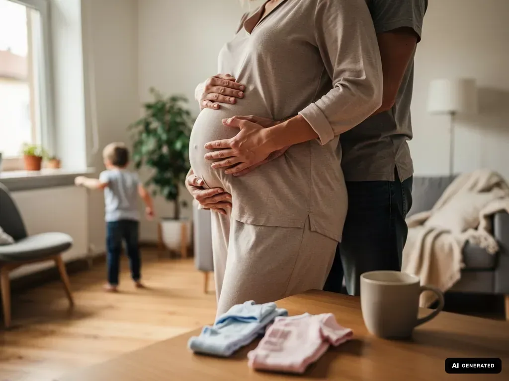 Schwangere Frau und Partner halten ihren Bauch; im Hintergrund steht ein Kleinkind am Fenster. (mit KI erstellt)