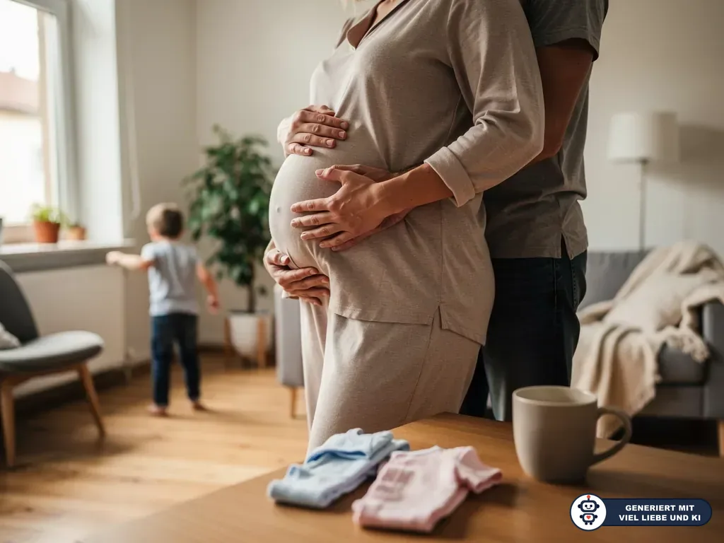 Schwangere Frau und Partner halten ihren Bauch; im Hintergrund steht ein Kleinkind am Fenster. (mit KI erstellt)