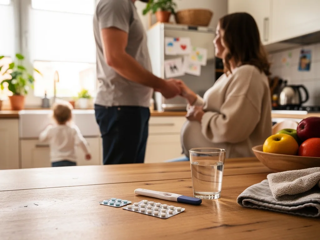 Schwangere Frau und Partner in der Küche, auf dem Tisch liegen Schwangerschaftstest, Tabletten und ein Glas Wasser.