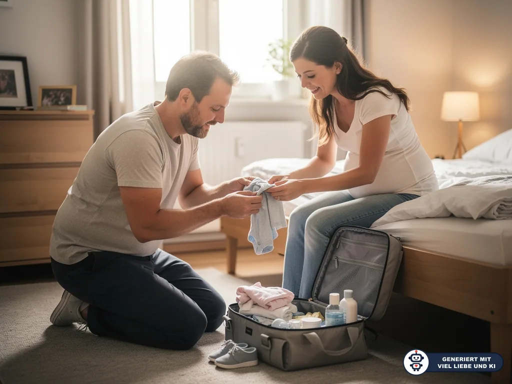 Schwangere Frau und Partner packen im Schlafzimmer Babykleidung in eine geöffnete Kliniktasche. (mit KI erstellt)