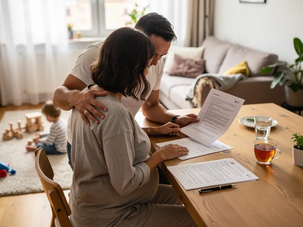 Schwangere Frau und Partner prüfen Antragsformulare am Esstisch, im Hintergrund spielt ein Kind.