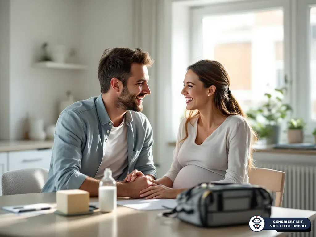 Schwangere Frau und Partner sitzen am Tisch, halten Händchen und besprechen Unterlagen für die Geburt. (mit KI erstellt)