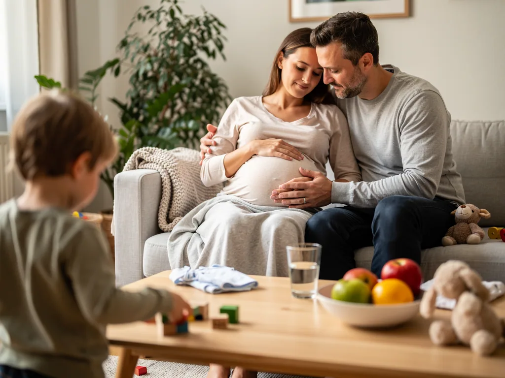 Schwangere Frau und Partner sitzen auf dem Sofa, berühren den Babybauch, während ein Kind am Tisch spielt.