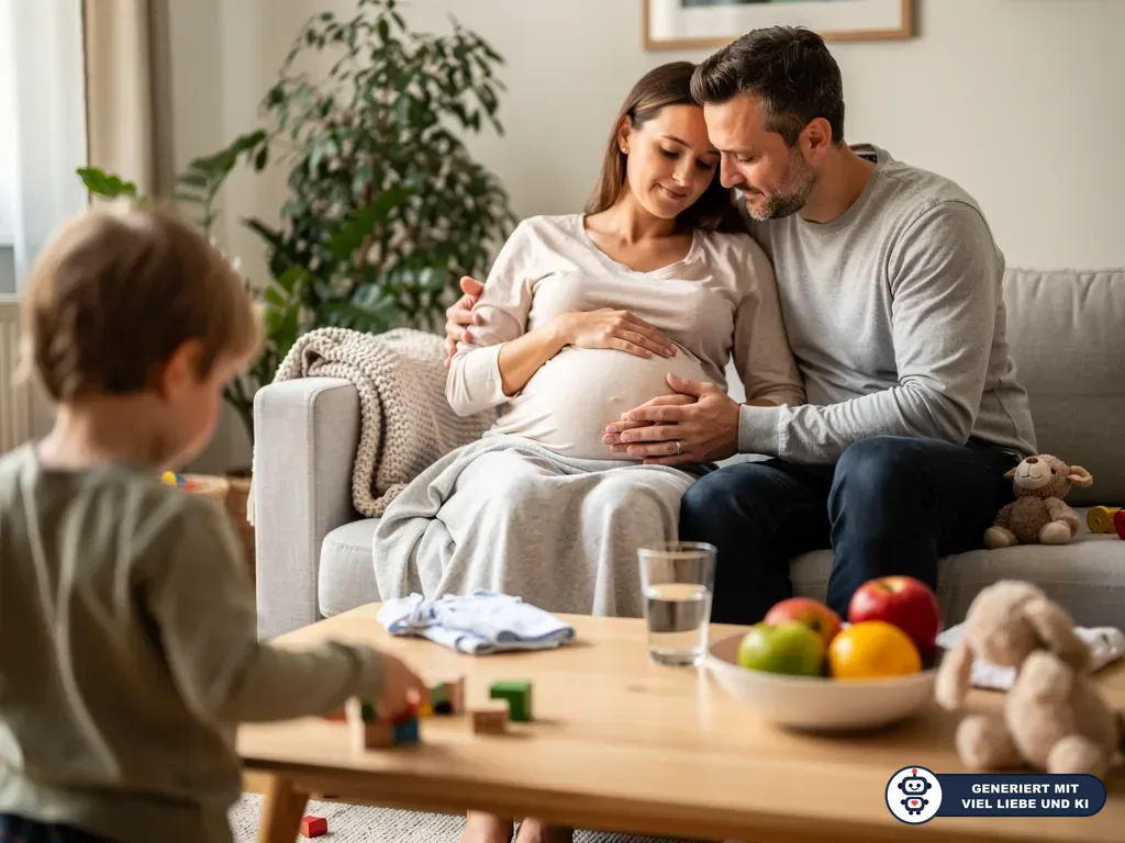 Schwangere Frau und Partner sitzen auf dem Sofa, berühren den Babybauch, während ein Kind am Tisch spielt. (mit KI erstellt)