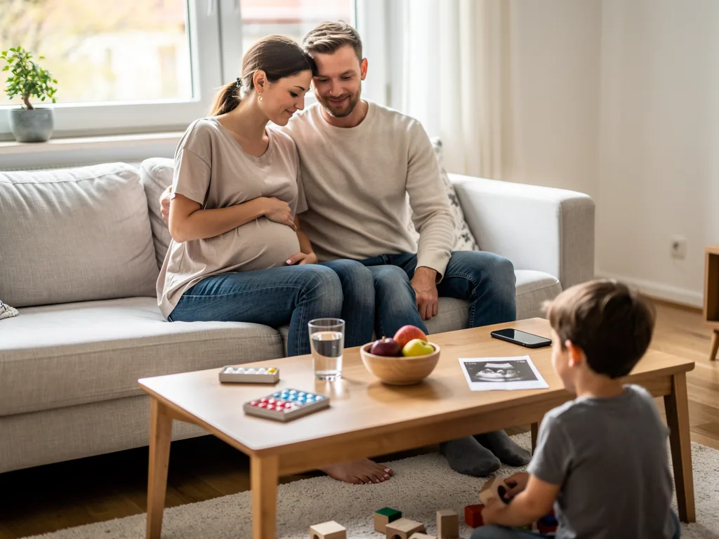 Schwangere Frau und Partner sitzen auf dem Sofa, ein Kind spielt davor; Ultraschallbild und Vitamine liegen auf dem Tisch.