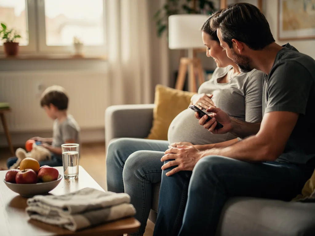 Schwangere Frau und Partner sitzen auf dem Sofa, er hält ein Smartphone, im Hintergrund spielt ein Kind.