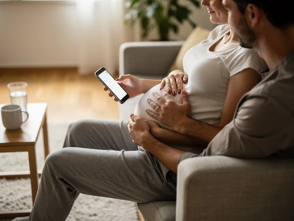 Schwangere Frau und Partner sitzen auf dem Sofa, er hält ihren Bauch, sie schaut auf ein Smartphone.