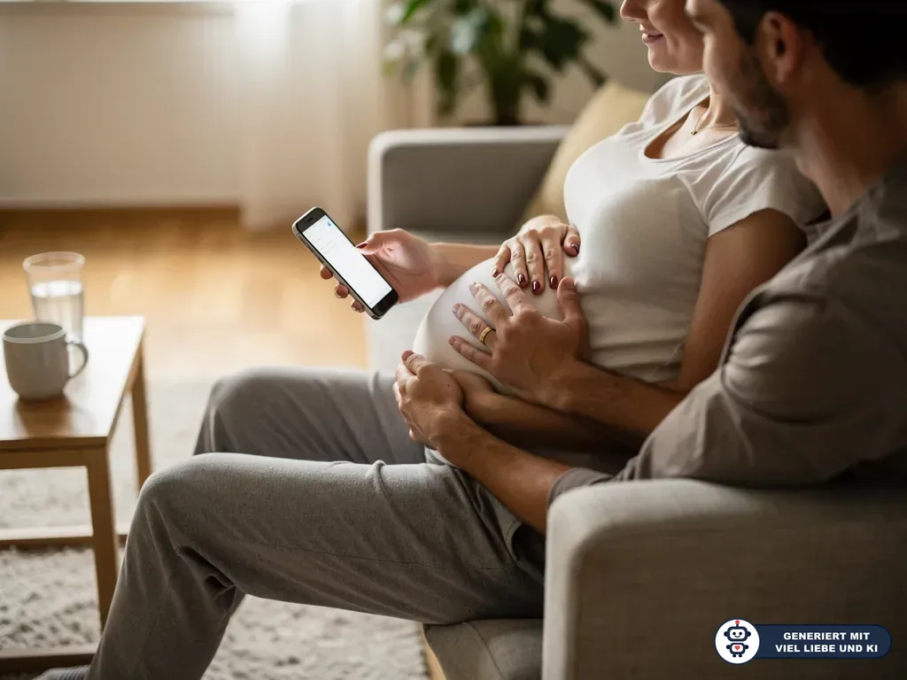 Schwangere Frau und Partner sitzen auf dem Sofa, er hält ihren Bauch, sie schaut auf ein Smartphone. (mit KI erstellt)