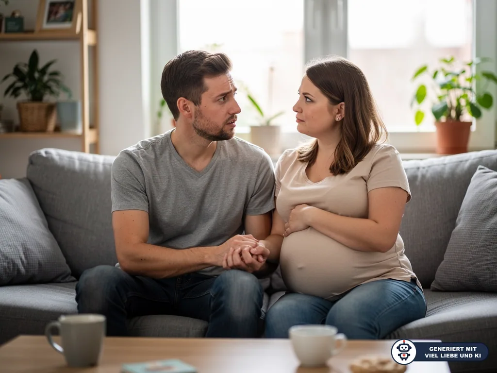 Schwangere Frau und Partner sitzen auf dem Sofa, halten Hände und sehen sich ernst an. (mit KI erstellt)