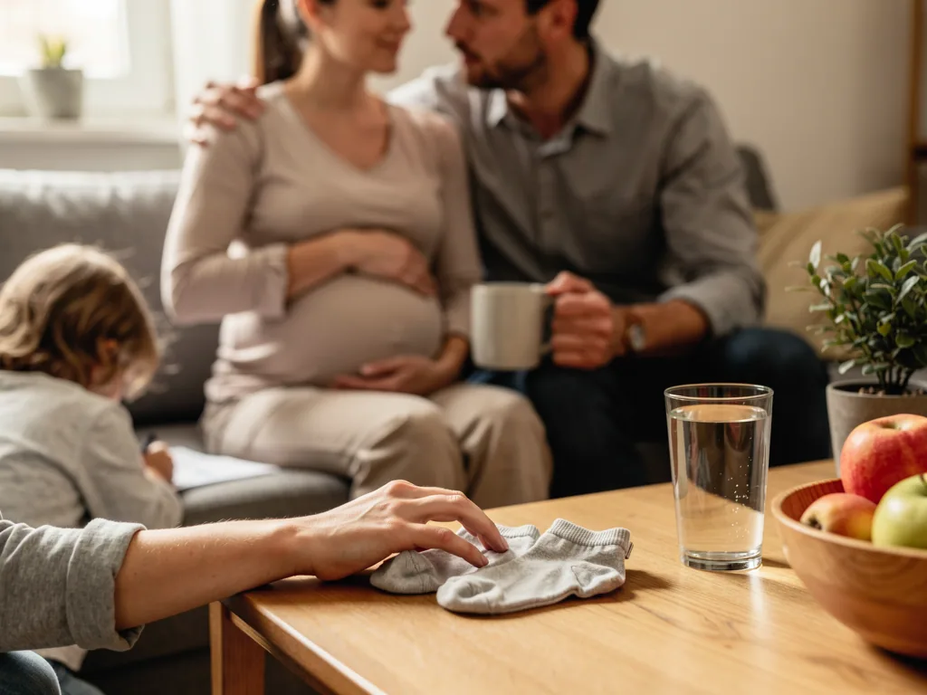 Schwangere Frau und Partner sitzen auf dem Sofa, im Vordergrund liegen Babysocken auf dem Wohnzimmertisch.