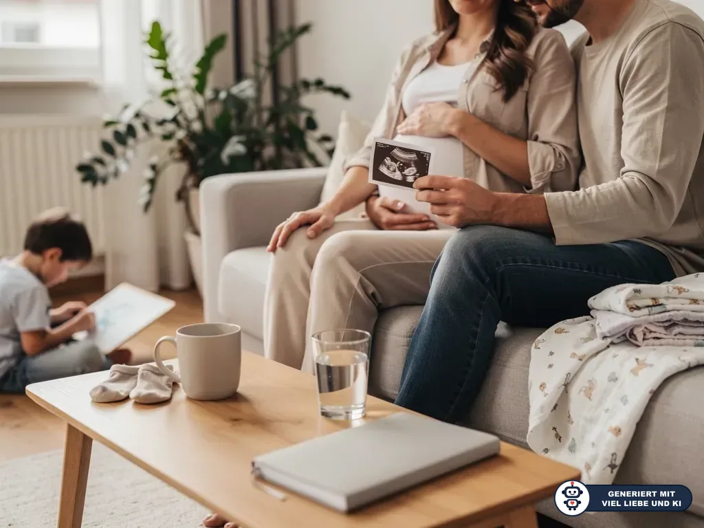 Schwangere Frau und Partner sitzen auf dem Sofa und halten ein Ultraschallbild, Kind malt im Wohnzimmer. (mit KI erstellt)