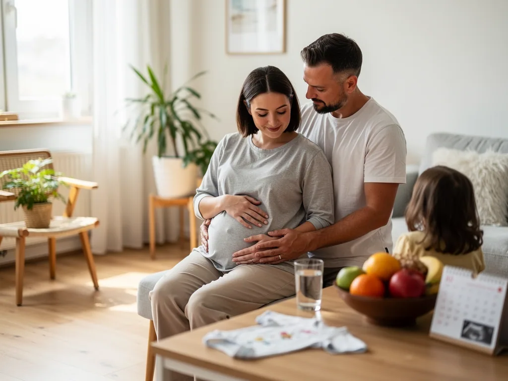 Schwangere Frau und Partner sitzen auf dem Sofa und legen die Hände auf den Babybauch, Kind sitzt daneben.