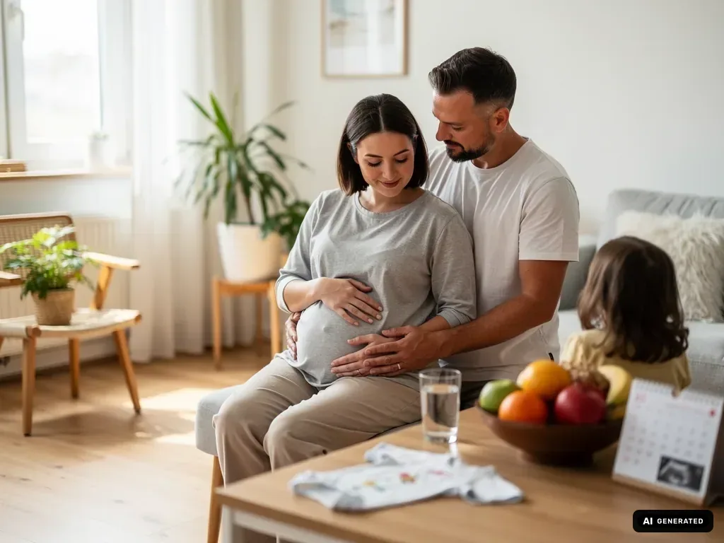 Schwangere Frau und Partner sitzen auf dem Sofa und legen die Hände auf den Babybauch, Kind sitzt daneben. (mit KI erstellt)