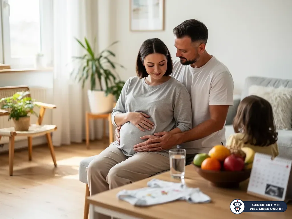 Schwangere Frau und Partner sitzen auf dem Sofa und legen die Hände auf den Babybauch, Kind sitzt daneben. (mit KI erstellt)
