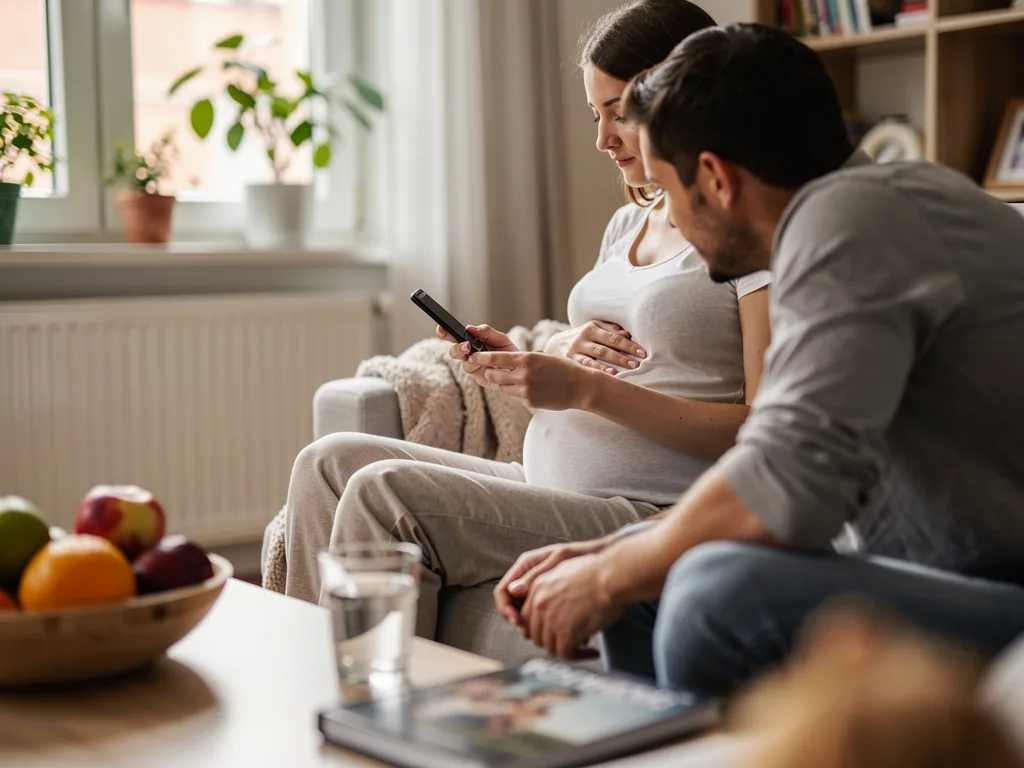 Schwangere Frau und Partner sitzen auf dem Sofa und schauen gemeinsam auf ein Smartphone.