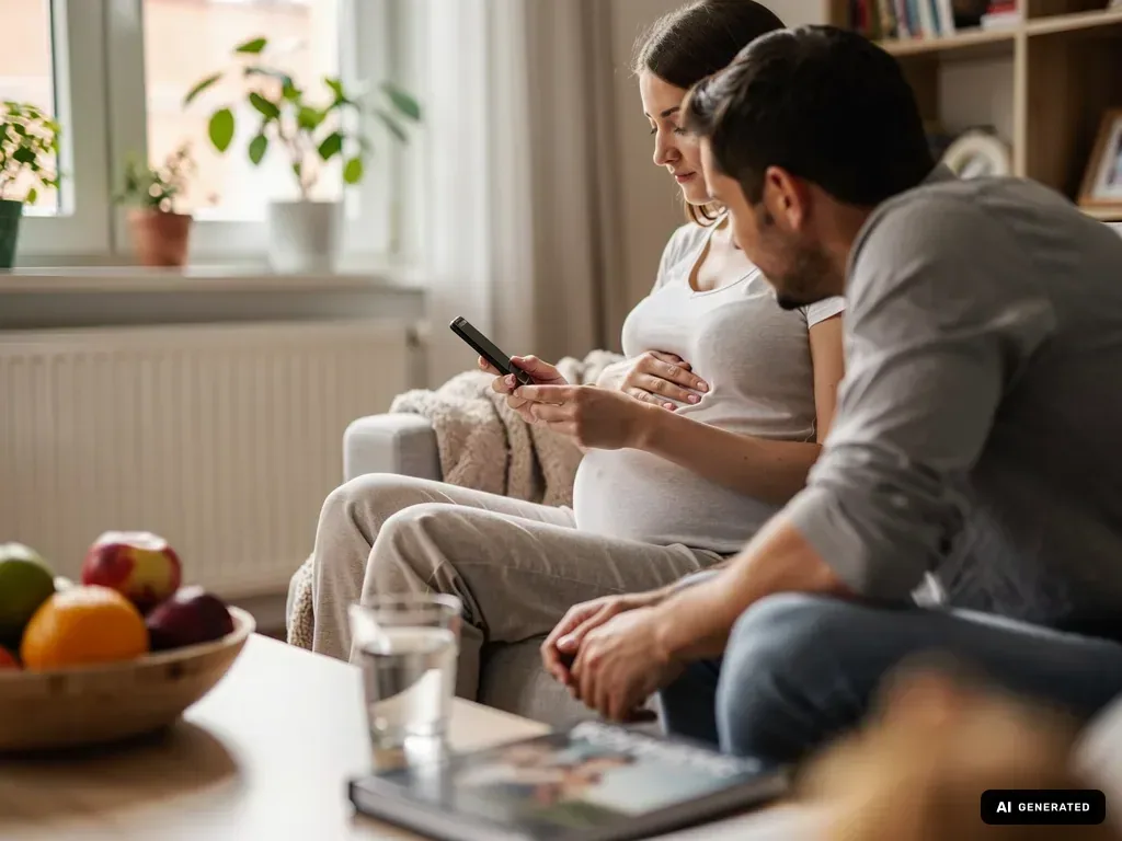 Schwangere Frau und Partner sitzen auf dem Sofa und schauen gemeinsam auf ein Smartphone. (mit KI erstellt)