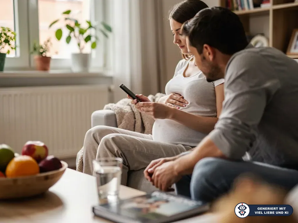 Schwangere Frau und Partner sitzen auf dem Sofa und schauen gemeinsam auf ein Smartphone. (mit KI erstellt)
