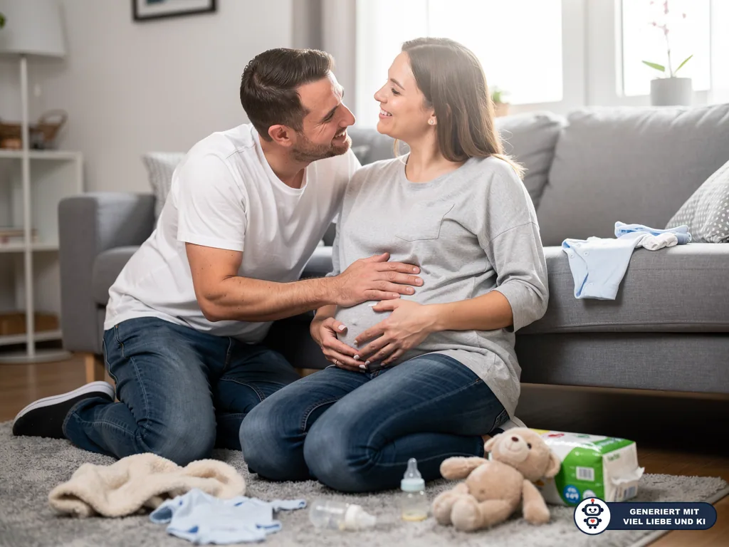 Schwangere Frau und Partner sitzen auf dem Wohnzimmerteppich, halten den Babybauch und lächeln sich an. (mit KI erstellt)