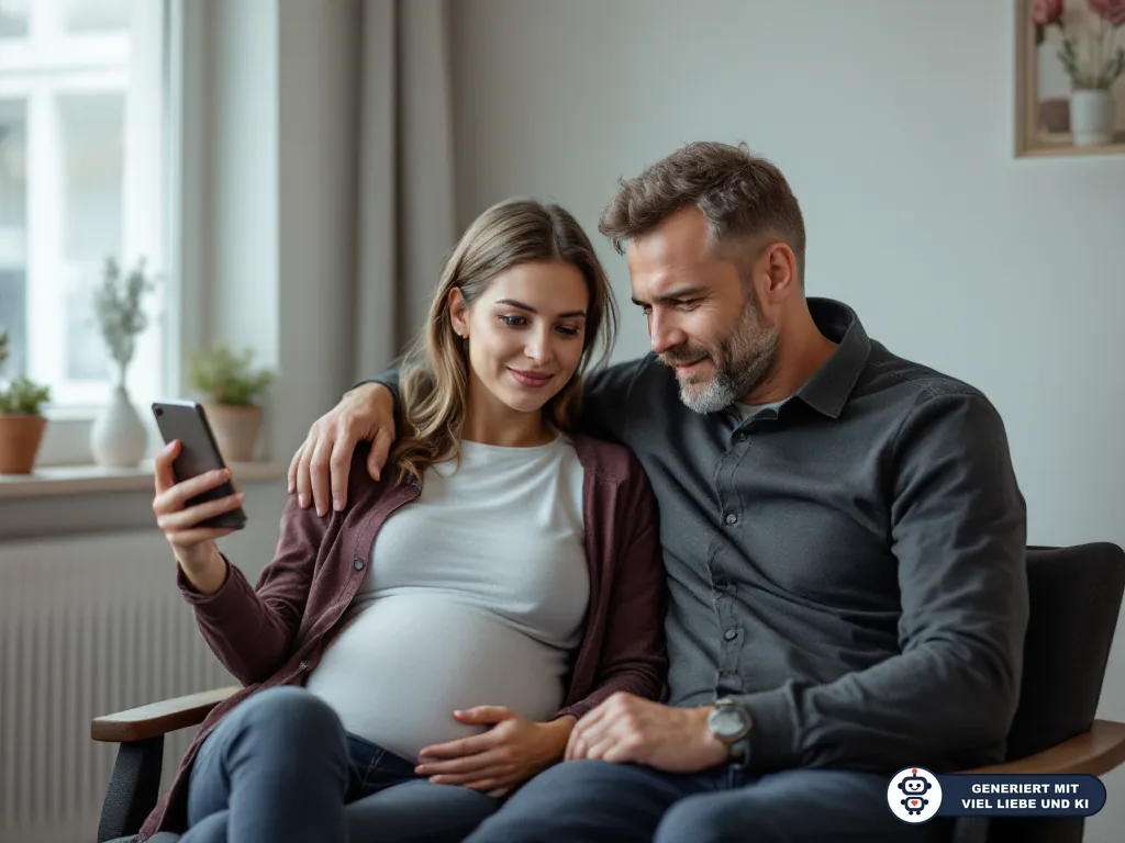 Schwangere Frau und Partner sitzen eng zusammen und schauen auf ein Smartphone in einem hellen Raum. (mit KI erstellt)