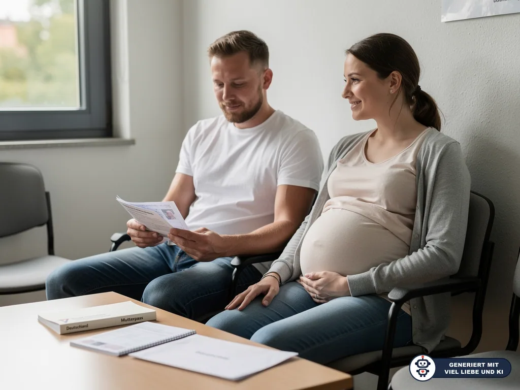 Schwangere Frau und Partner sitzen im Amt; er hält Unterlagen für die Vaterschaftsanerkennung. (mit KI erstellt)