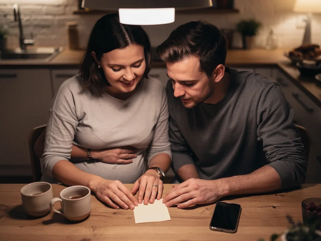 Schwangere Frau und Partner sitzen in der Küche und sehen gemeinsam auf einen Zettel am Tisch.