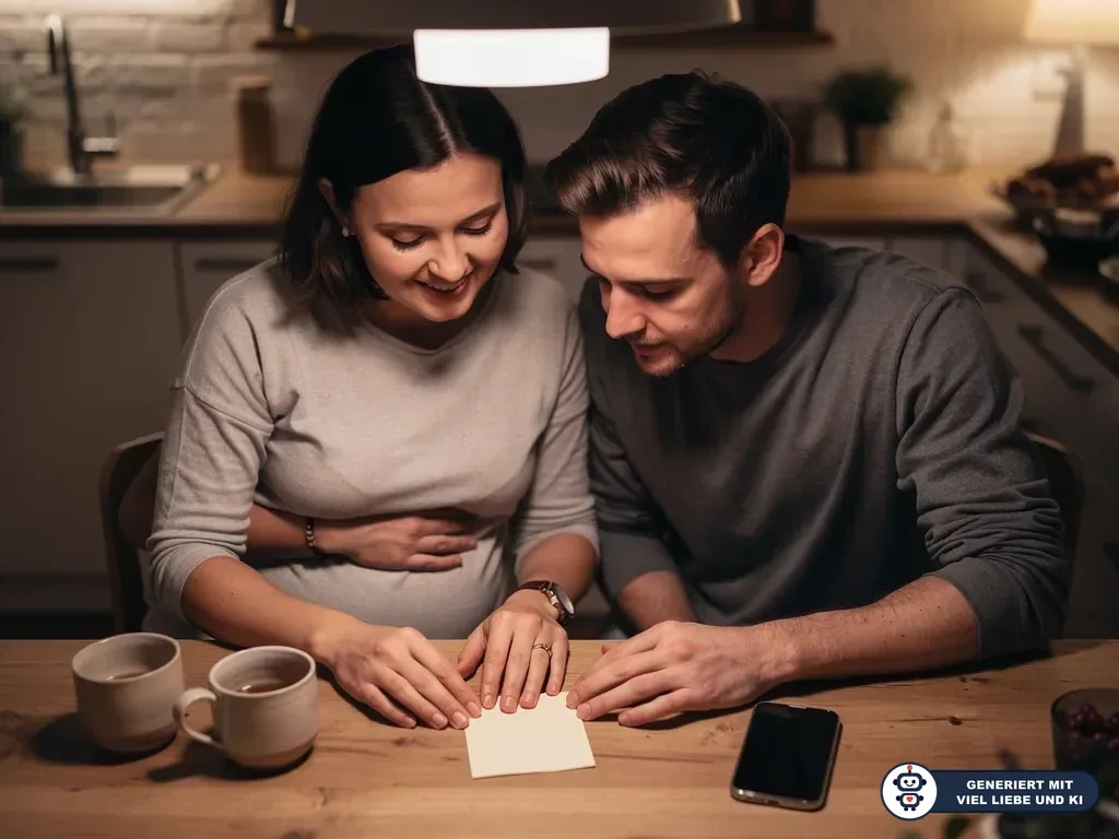 Schwangere Frau und Partner sitzen in der Küche und sehen gemeinsam auf einen Zettel am Tisch. (mit KI erstellt)