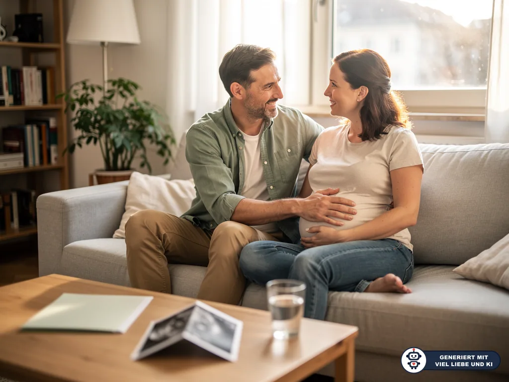 Schwangere Frau und Partner sitzen lächelnd auf dem Sofa, vor ihnen liegen Ultraschallbilder auf dem Couchtisch. (mit KI erstellt)