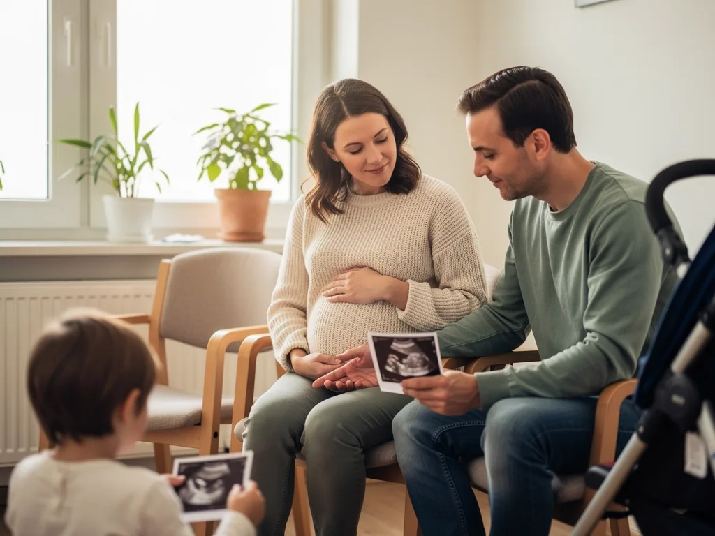 Schwangere Frau und Partner sitzen mit Kind im Wartezimmer und betrachten Ultraschallbilder.
