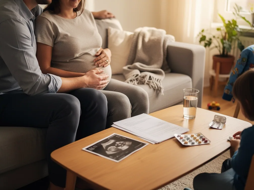 Schwangere Frau und Partner sitzen mit Kind im Wohnzimmer, auf dem Tisch liegen Ultraschallbild, Unterlagen und Tabletten.