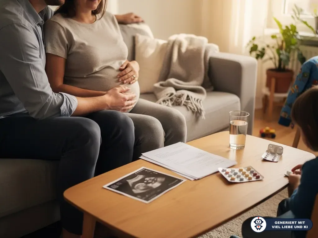 Schwangere Frau und Partner sitzen mit Kind im Wohnzimmer, auf dem Tisch liegen Ultraschallbild, Unterlagen und Tabletten. (mit KI erstellt)