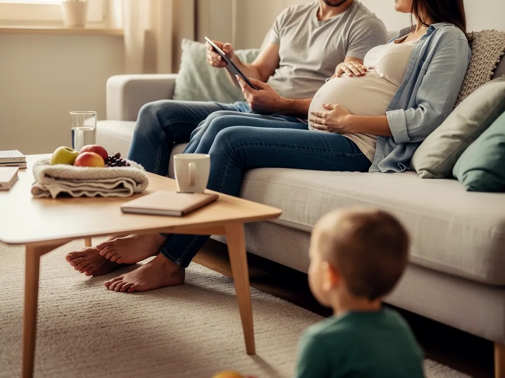 Schwangere Frau und Partner sitzen mit Tablet auf dem Sofa, ein Kleinkind spielt davor im Wohnzimmer.