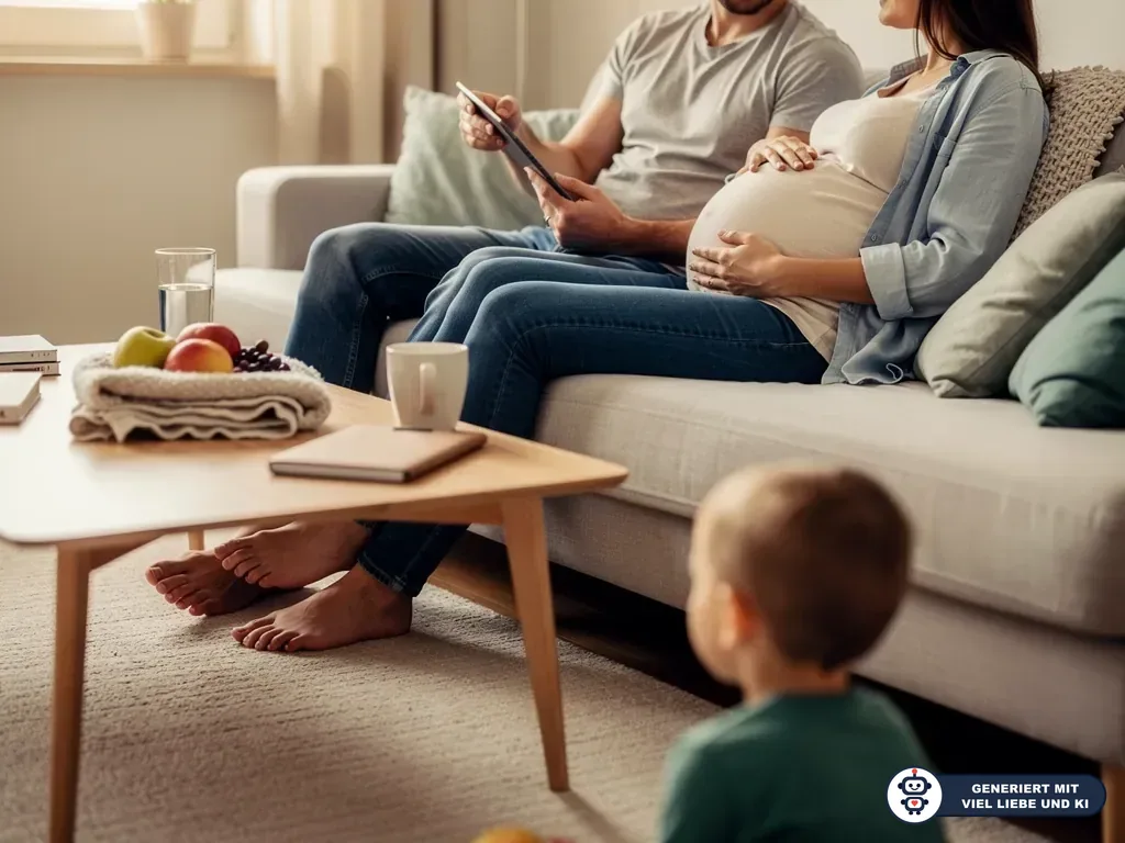 Schwangere Frau und Partner sitzen mit Tablet auf dem Sofa, ein Kleinkind spielt davor im Wohnzimmer. (mit KI erstellt)