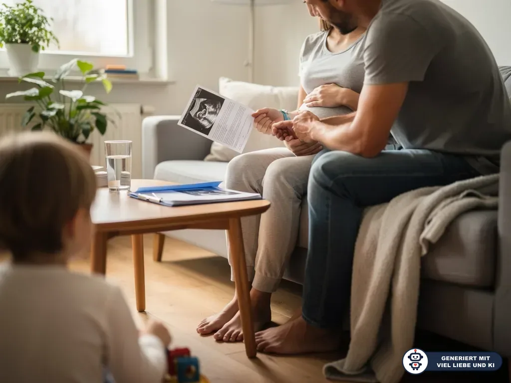 Schwangere Frau und Partner sitzen mit Ultraschallbild und Unterlagen auf dem Sofa, Kind spielt im Wohnzimmer. (mit KI erstellt)