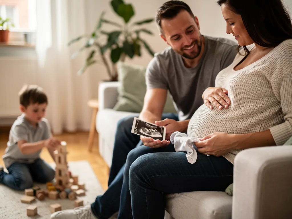 Schwangere hält Babysachen, Partner zeigt ein Ultraschallbild, ein Kind spielt im Wohnzimmer mit Holzklötzen.