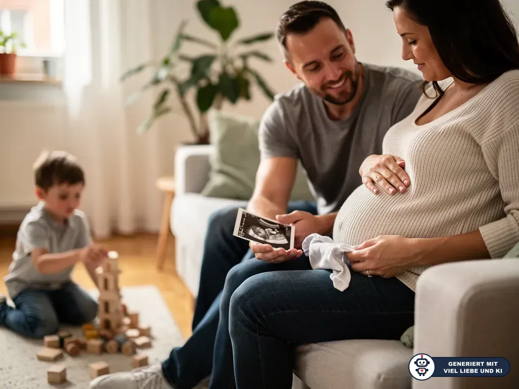 Schwangere hält Babysachen, Partner zeigt ein Ultraschallbild, ein Kind spielt im Wohnzimmer mit Holzklötzen. (mit KI erstellt)