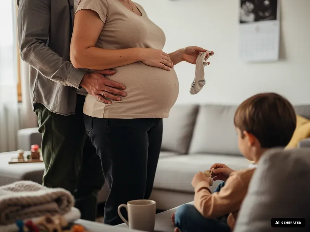 Schwangere hält Babysocke, Partner umfasst ihren Bauch, ein Kind sitzt im Wohnzimmer daneben. (mit KI erstellt)