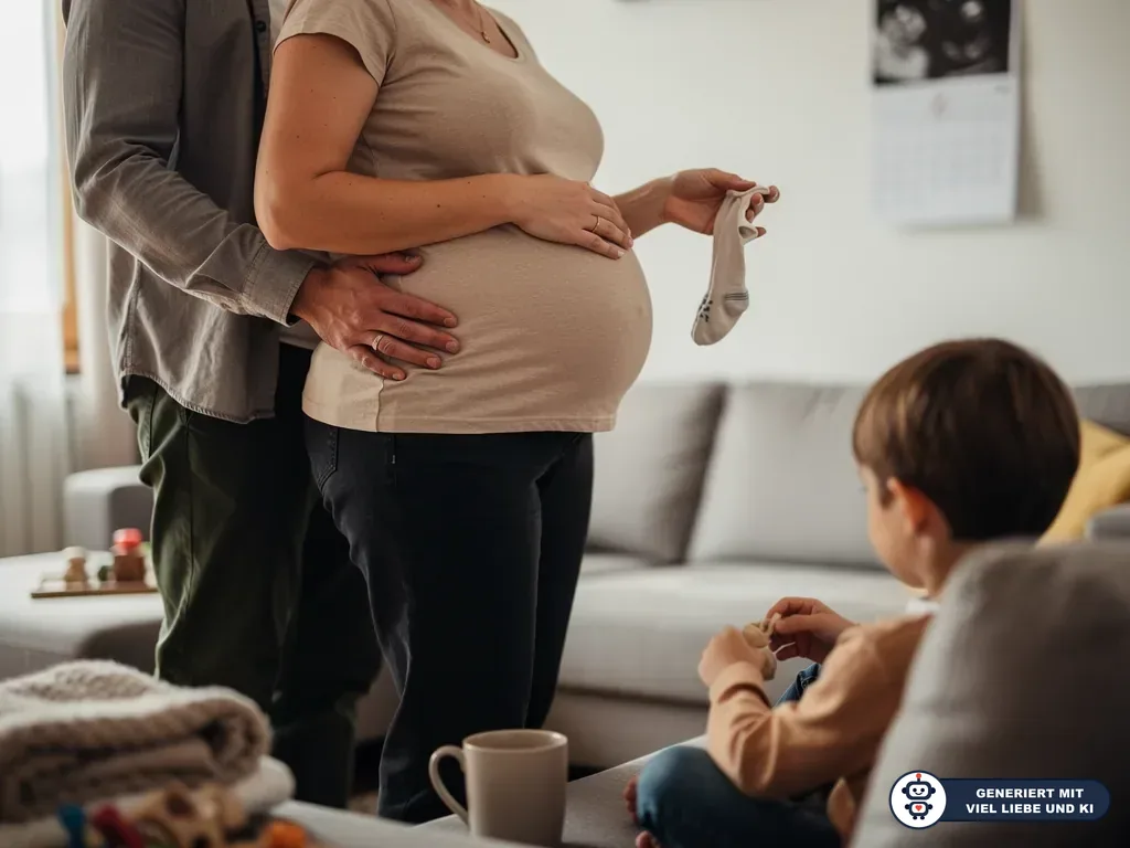 Schwangere hält Babysocke, Partner umfasst ihren Bauch, ein Kind sitzt im Wohnzimmer daneben. (mit KI erstellt)