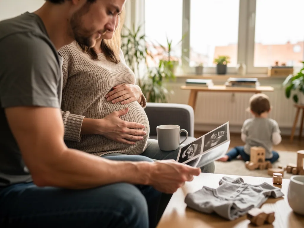 Schwangere hält den Bauch, Vater betrachtet Ultraschallbilder; im Wohnzimmer spielt ein Kleinkind am Boden.