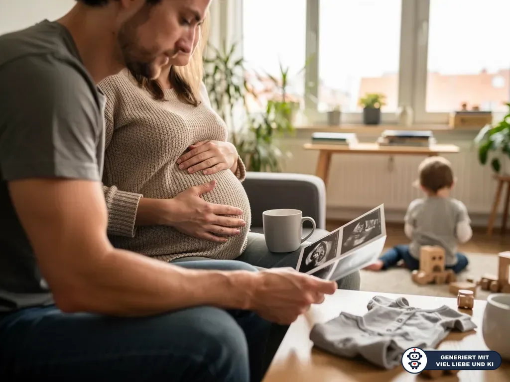 Schwangere hält den Bauch, Vater betrachtet Ultraschallbilder; im Wohnzimmer spielt ein Kleinkind am Boden. (mit KI erstellt)