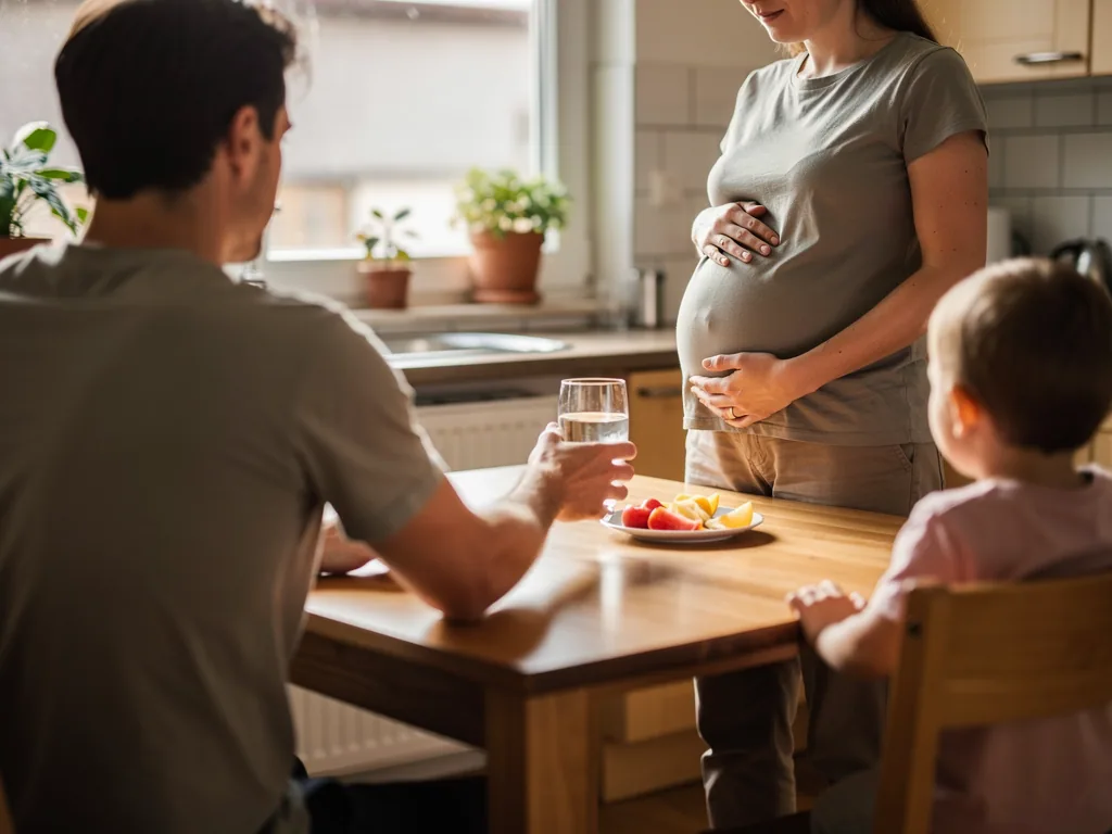 Schwangere hält ihren Bauch in der Küche, Partner mit Wasserglas und Kind sitzen am Tisch.