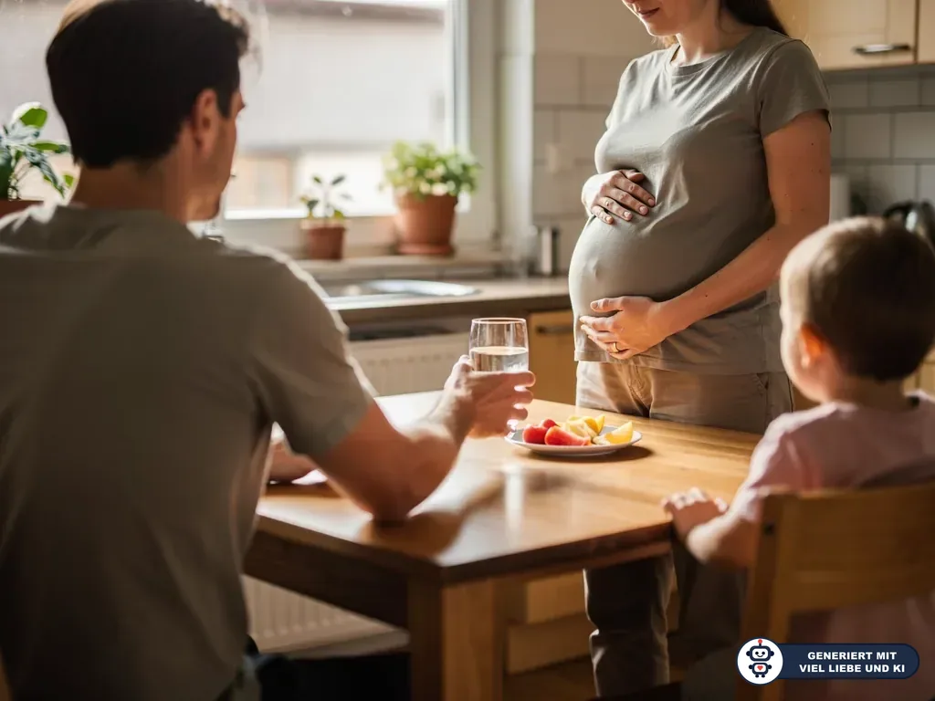 Schwangere hält ihren Bauch in der Küche, Partner mit Wasserglas und Kind sitzen am Tisch. (mit KI erstellt)