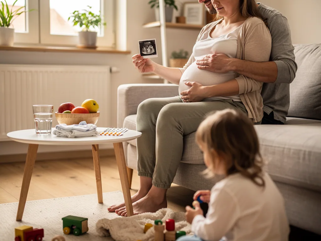 Schwangere hält Ultraschallbild, Partner berührt ihren Bauch, Kleinkind spielt im Wohnzimmer am Boden.