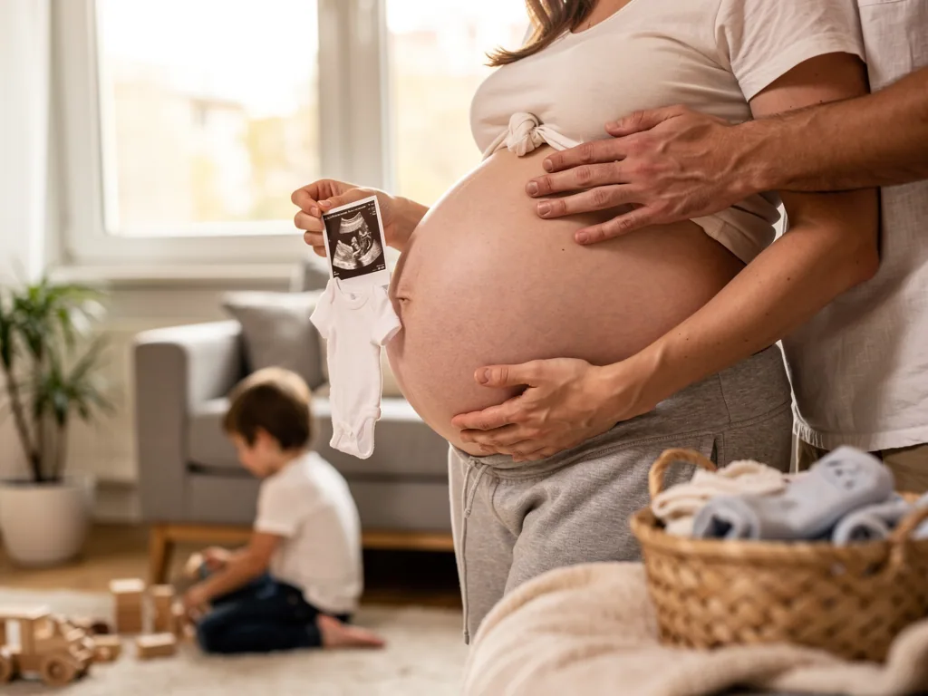 Schwangere hält Ultraschallbild und Babybody, Partner legt die Hände auf ihren Bauch, Kind spielt im Wohnzimmer.
