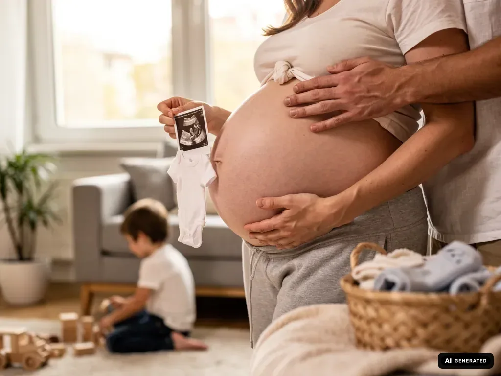 Schwangere hält Ultraschallbild und Babybody, Partner legt die Hände auf ihren Bauch, Kind spielt im Wohnzimmer. (mit KI erstellt)
