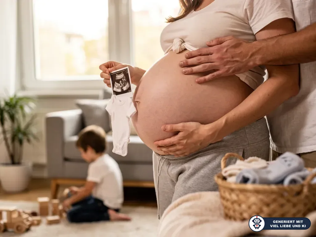 Schwangere hält Ultraschallbild und Babybody, Partner legt die Hände auf ihren Bauch, Kind spielt im Wohnzimmer. (mit KI erstellt)