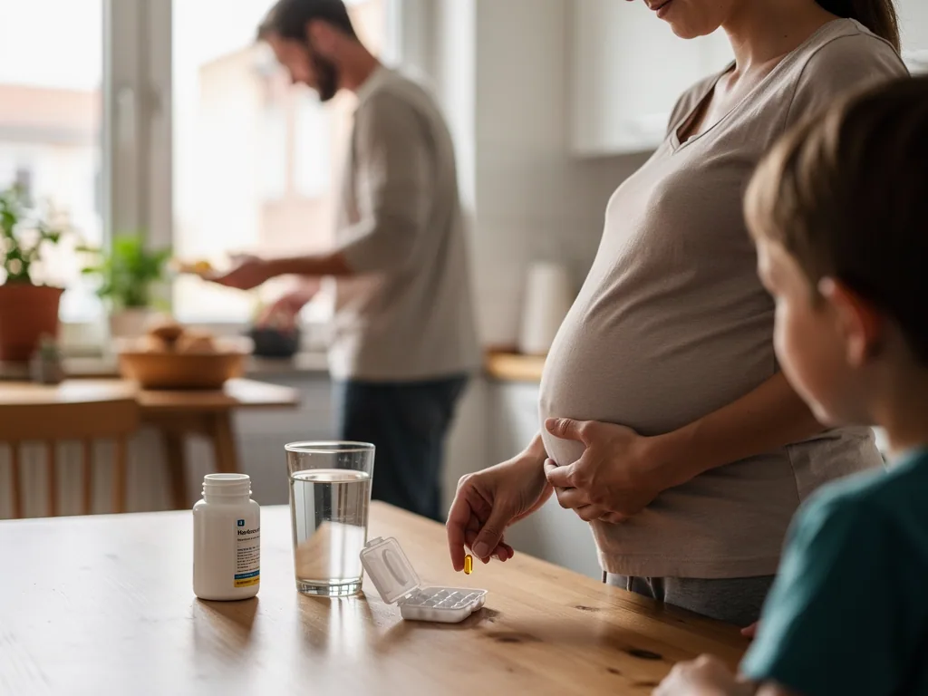 Schwangere hält Vitamin-D-Kapsel am Küchentisch, daneben Wasser, Dose, Kind und Partner im Hintergrund.