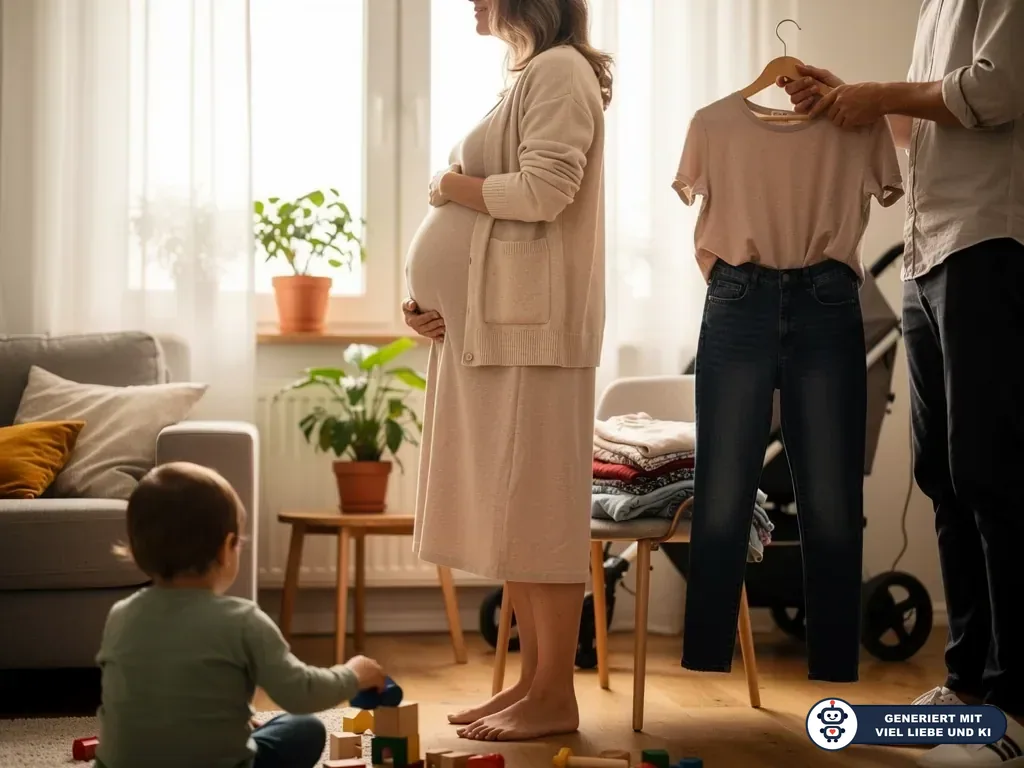 Schwangere im Kleid steht im Wohnzimmer, daneben hält eine Person Shirt und Jeans, ein Kleinkind spielt am Boden. (mit KI erstellt)