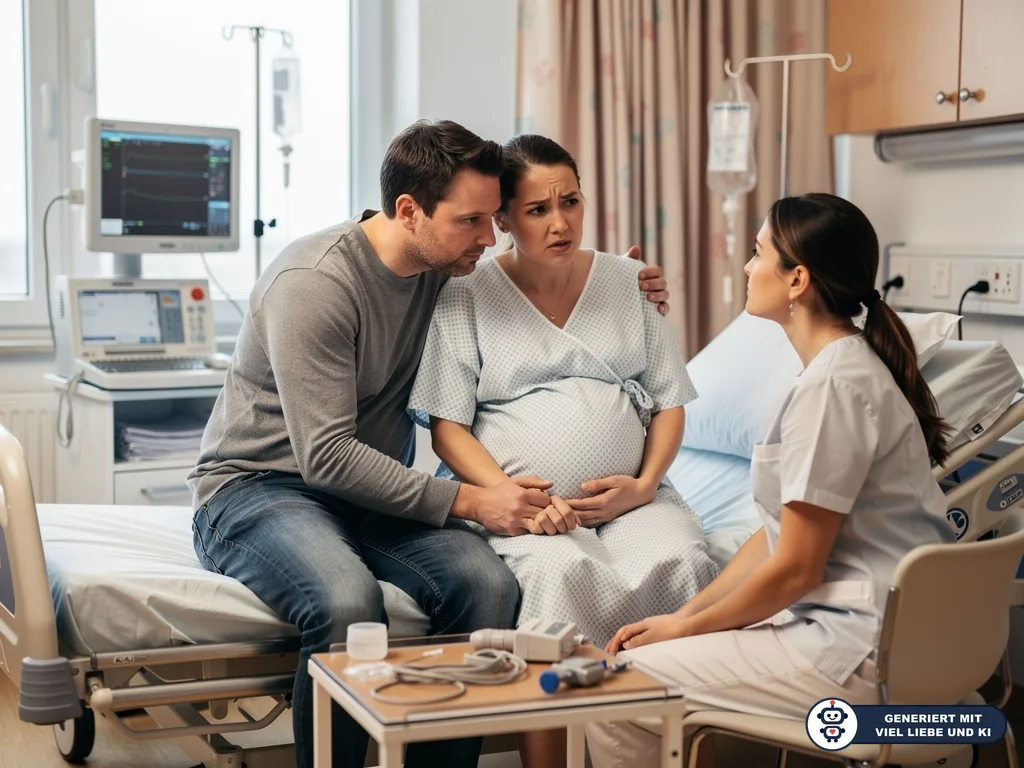 Schwangere im Krankenhausbett spricht mit Ärztin, der Partner hält ihre Hand und stützt sie. (mit KI erstellt)